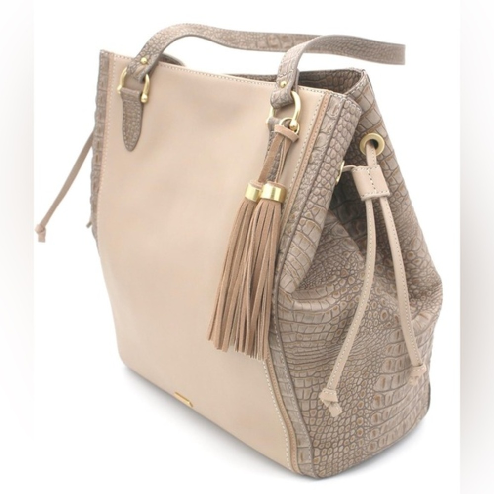 Brahmin Cheyenne Large Leather Croc Embossed Tassel Tote Bag Taupe Brown